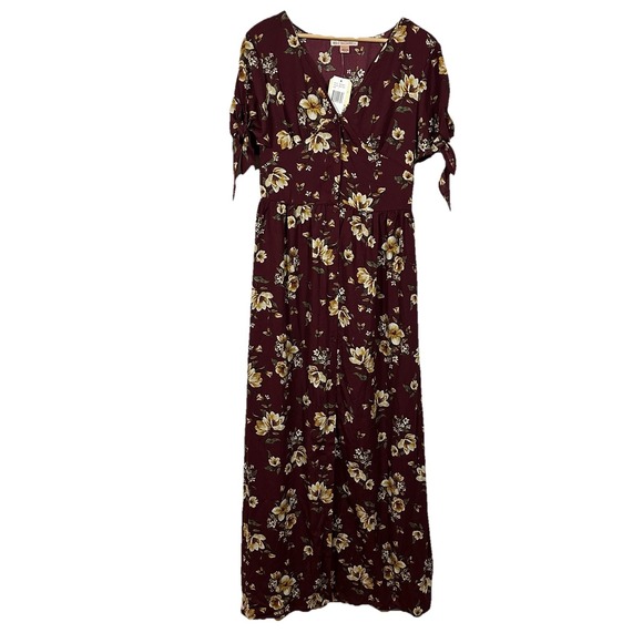Band of Gypsies Maxi Dress Womens Large Burgundy Floral Button Front Boho New - Picture 1 of 13